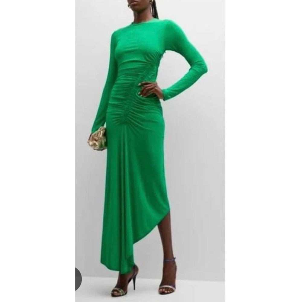A.L.C. Ruched Long Sleeve Asymmetrical Midi Dress Kelly Green Jersey Bodycon